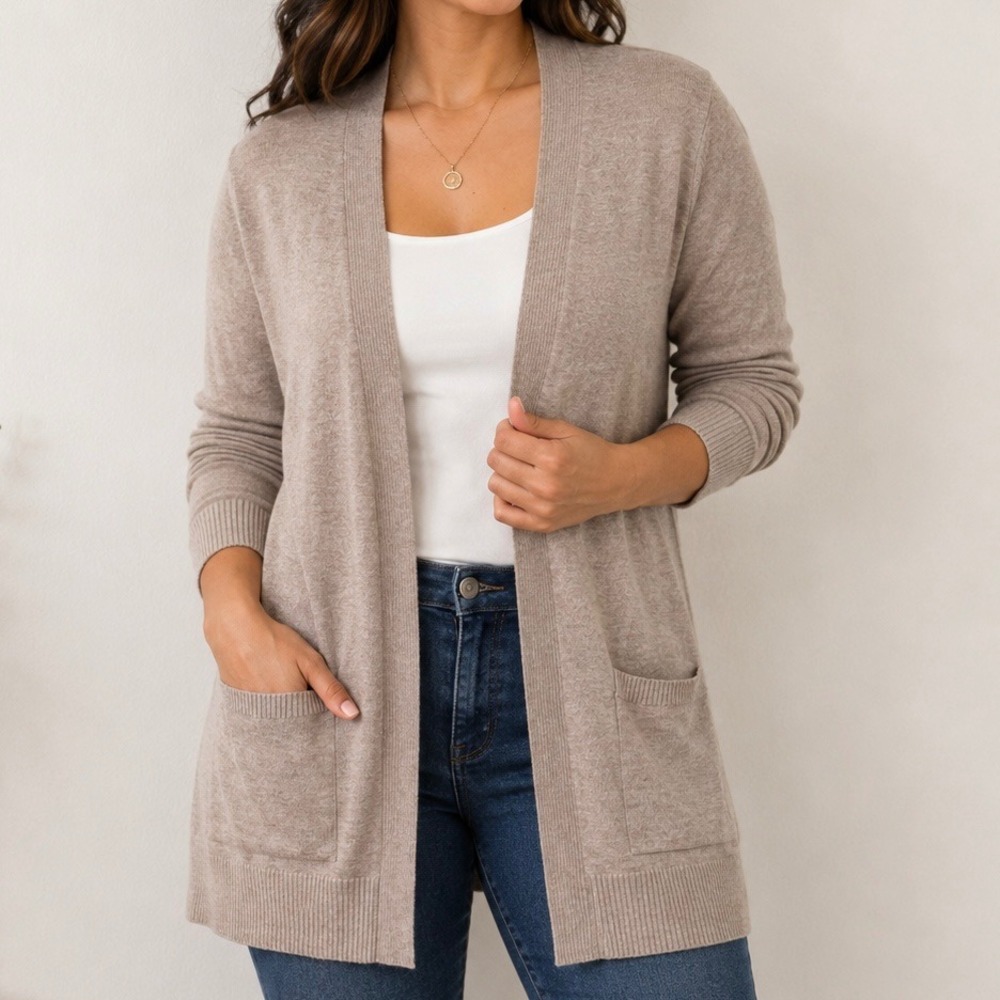 Verve Ami Beige Open Front Cardigan Sweater Pockets Lightweight Size M Neutral